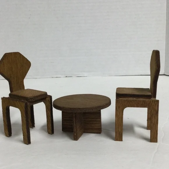Vintage Miniature Wooden Dollhouse Furniture Sets 4 chairs & 2 round Tables - Picture 4 of 15